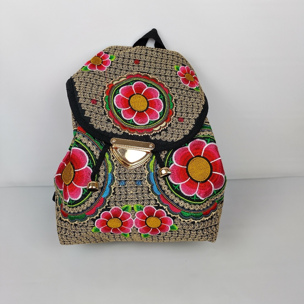 Embroidered mexican‎ floral multicolor handmade bagpack 100%mexican art dew - Picture 7 of 9